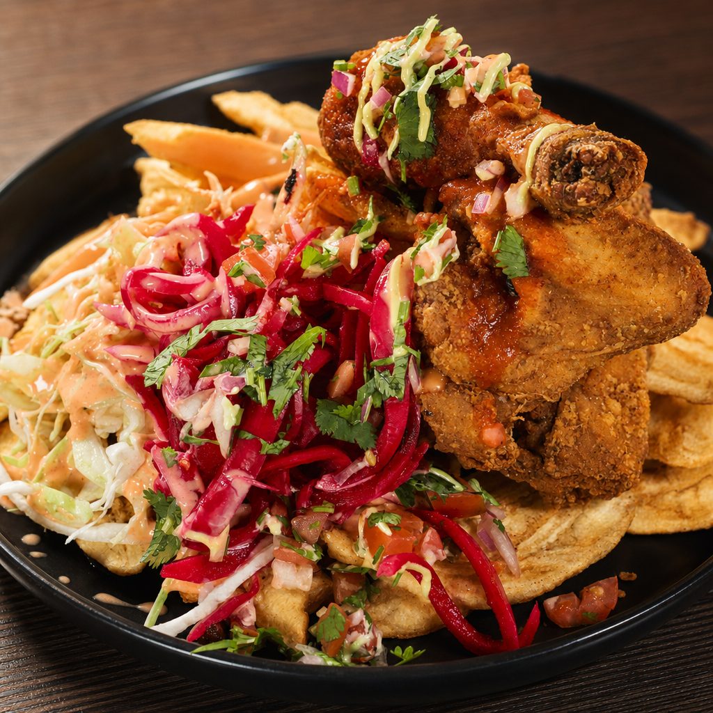 Pollo Con Tajadas De Plátano Verde.